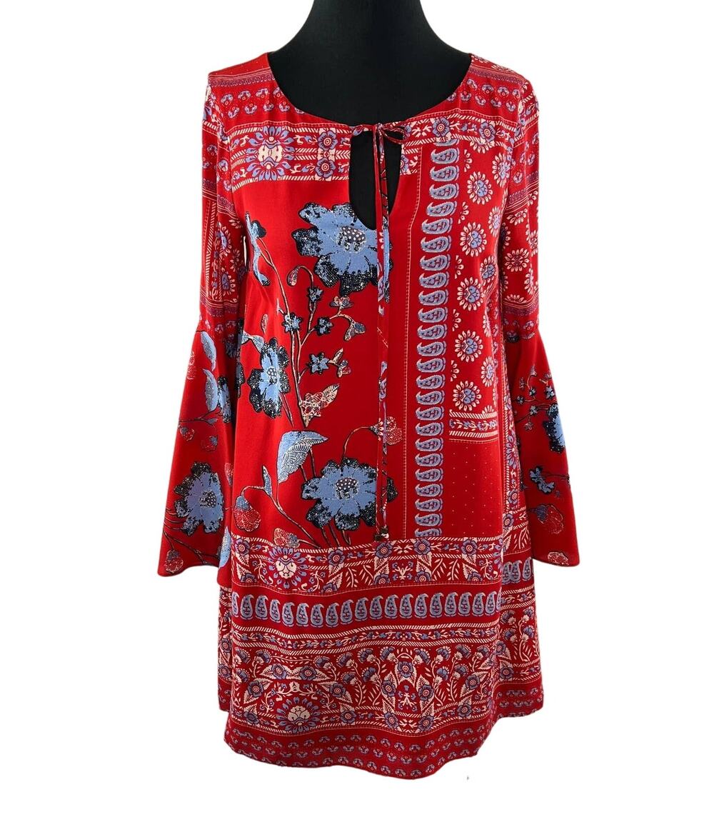 Anthropologie Vanessa Virginia Red Blue Floral Silk Bell Sleeve Peasant Dress 2